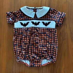 Smockingbird Baby Boy Orange and Black Bat Halloween Smocked romper size 9 month